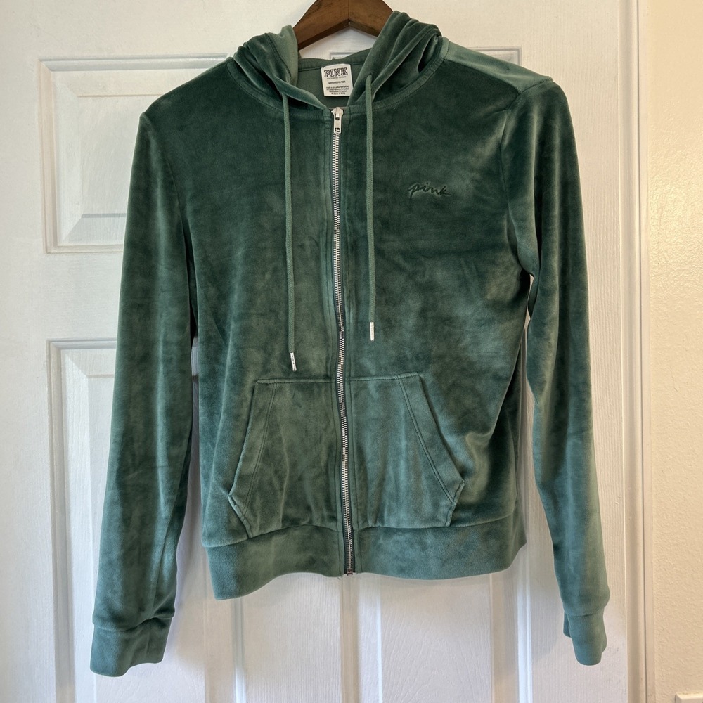 Victoria's Secret PINK VELVET VELOUR FULL-ZIP Hoodie Logo Sz Small Green EUC